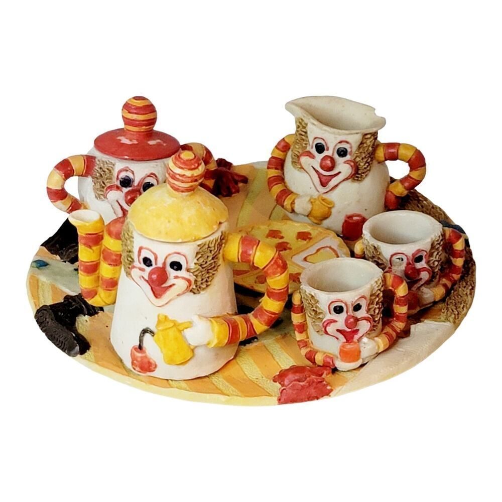 Vintage Pottery Miniature Tea Set Alice In Wonderland Clowns Playing Cards READ